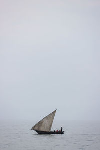 Sailboat sailing on sea against clear sky