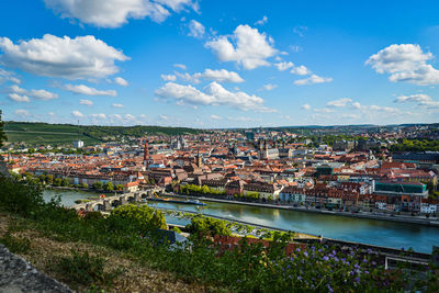 High angle shot of townscape against sky