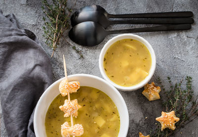 High angle view of soup in bowl on table