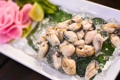 High angle view of food in plate on table