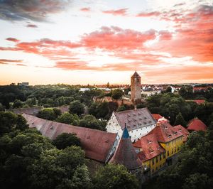 High angle view of townscape against sky during sunset