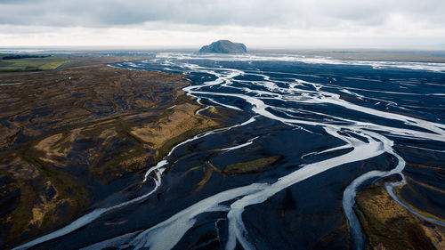 Aerial drone view of large riverbed near seljalandsfoss waterfall, southern iceland