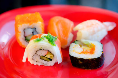 Close-up of sushi served in plate