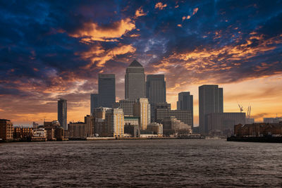 City at waterfront during sunset