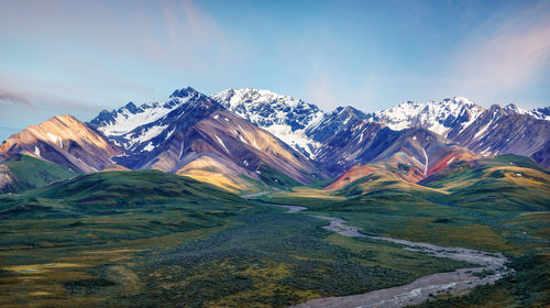 Scenic view of snowcapped mountains against sky