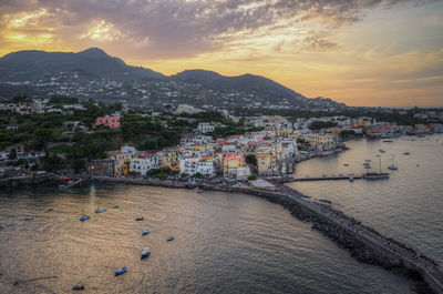 Beautiful aerial view at sunset of ischia from the aragonese castle, italy