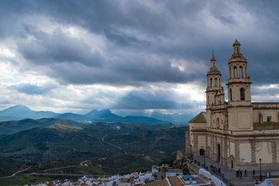 High angle view of buildings against cloudy sky