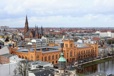 High angle view of buildings in city