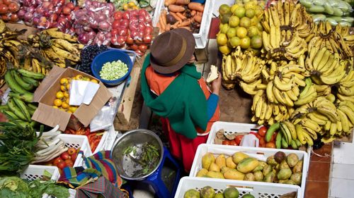 High angle view of woman buying fruits at market stall