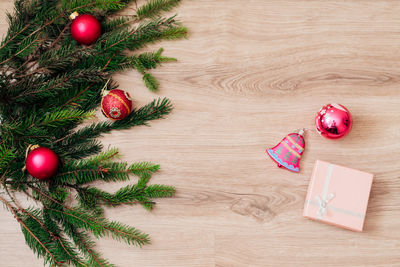High angle view of christmas decorations on table