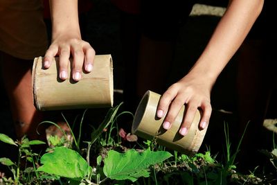 Midsection of woman hands on plants