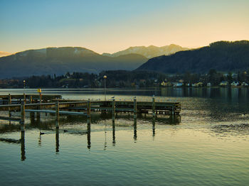 Scenic view of lake against sky during sunset