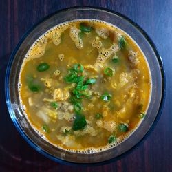 High angle view of soup in bowl on table