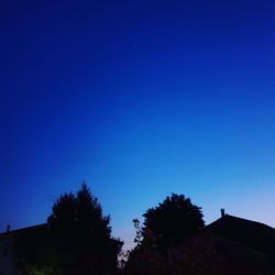 Low angle view of silhouette trees against clear sky at night