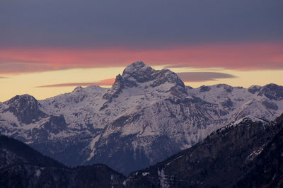 Scenic view of snowcapped mountains against sky during sunset