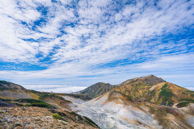 Scenic view of mountains against blue sky