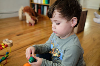 Portrait of a young boy of three playing with a toy in the living room