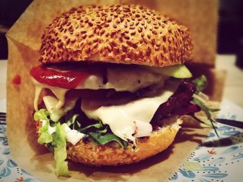 Close-up of burger in plate