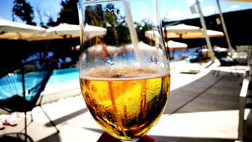 Close-up of beer in glass on table