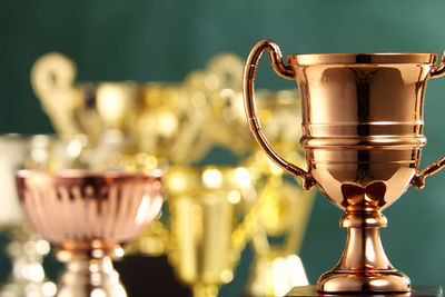 Close-up of trophy against green background