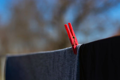 Close-up of clothespin on clothesline