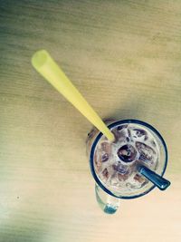 High angle view of drink on table