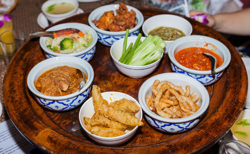 High angle view of meal served on table