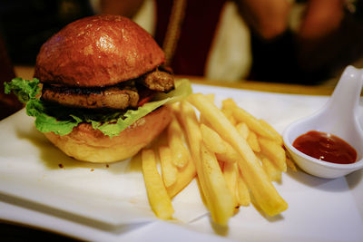 Close-up of burger on table