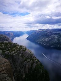 Scenic view of river amidst mountains against sky