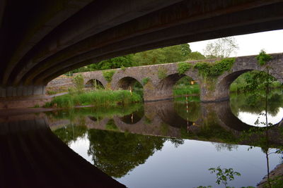 Reflection of bridge on water against sky