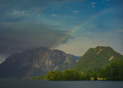 Scenic view of rainbow over mountains against sky