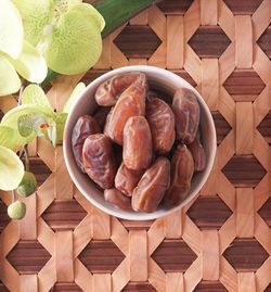 High angle view of fruits in plate on table