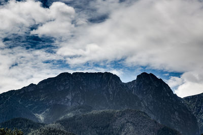 Low angle view of mountain against cloudy sky