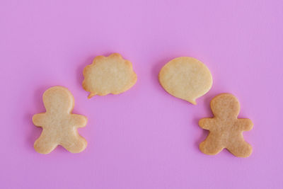 High angle view of cookies against colored background