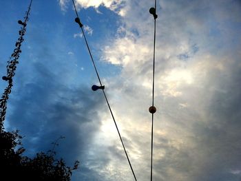 Low angle view of power lines against cloudy sky