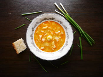 High angle view of soup in bowl on table