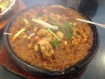 High angle view of soup in bowl