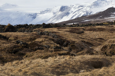 Snowy mountain landscape at peninsula snaefellsness, iceland