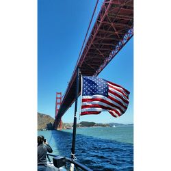 Low angle view of american flag against clear blue sky