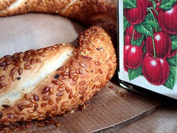 Close-up of pretzel by box on table