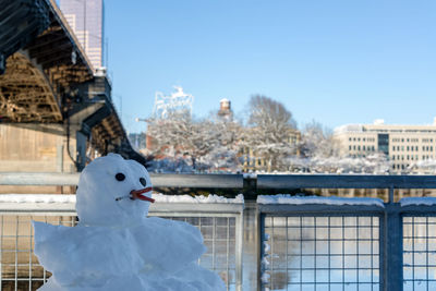 Smoking snowman by railing against sky in city
