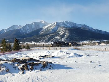 Scenic view of snow covered mountains against sky