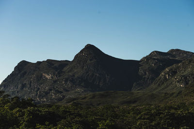 Scenic view of rocky mountains against clear blue sky