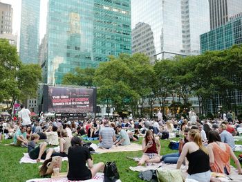 High angle view of people in city