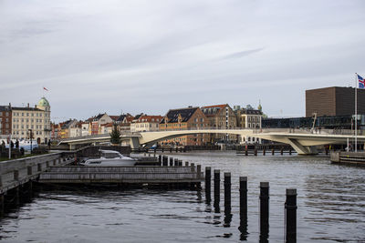 Bridge over river with buildings in background