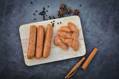 High angle view of food on table against gray background