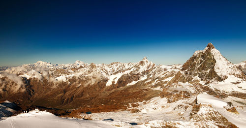 Snowcapped mountains against clear blue sky