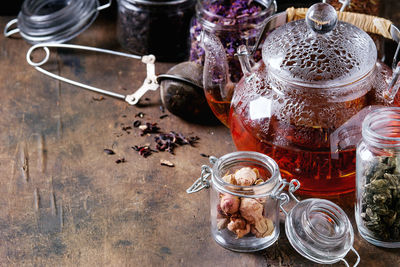Close-up of drink in jar on table