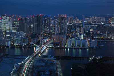 High angle view of illuminated city at tokyo shiodome, night