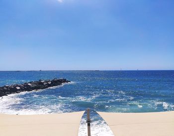 Scenic view of sea against clear blue sky